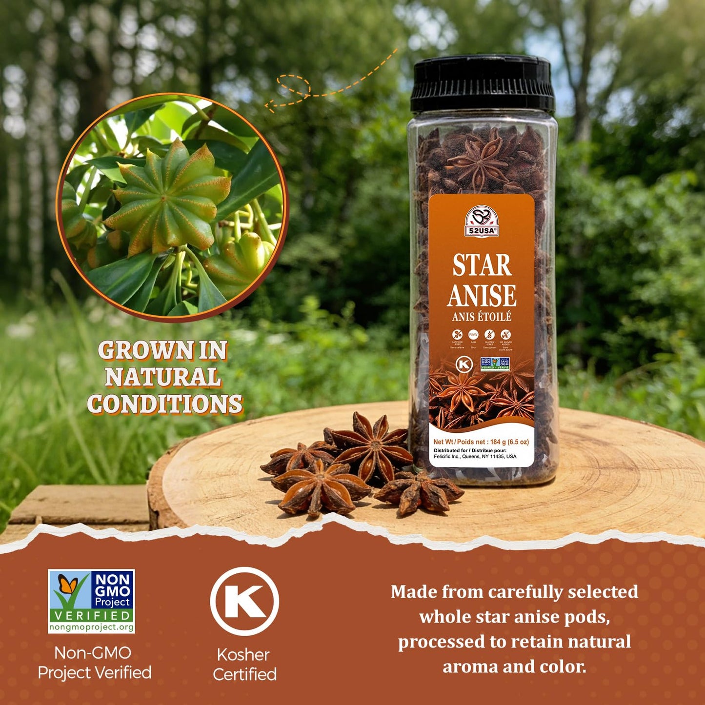 52USA Whole Chinese Star Anise Pods, 6.5oz (184g), Non-GMO Dried Spice