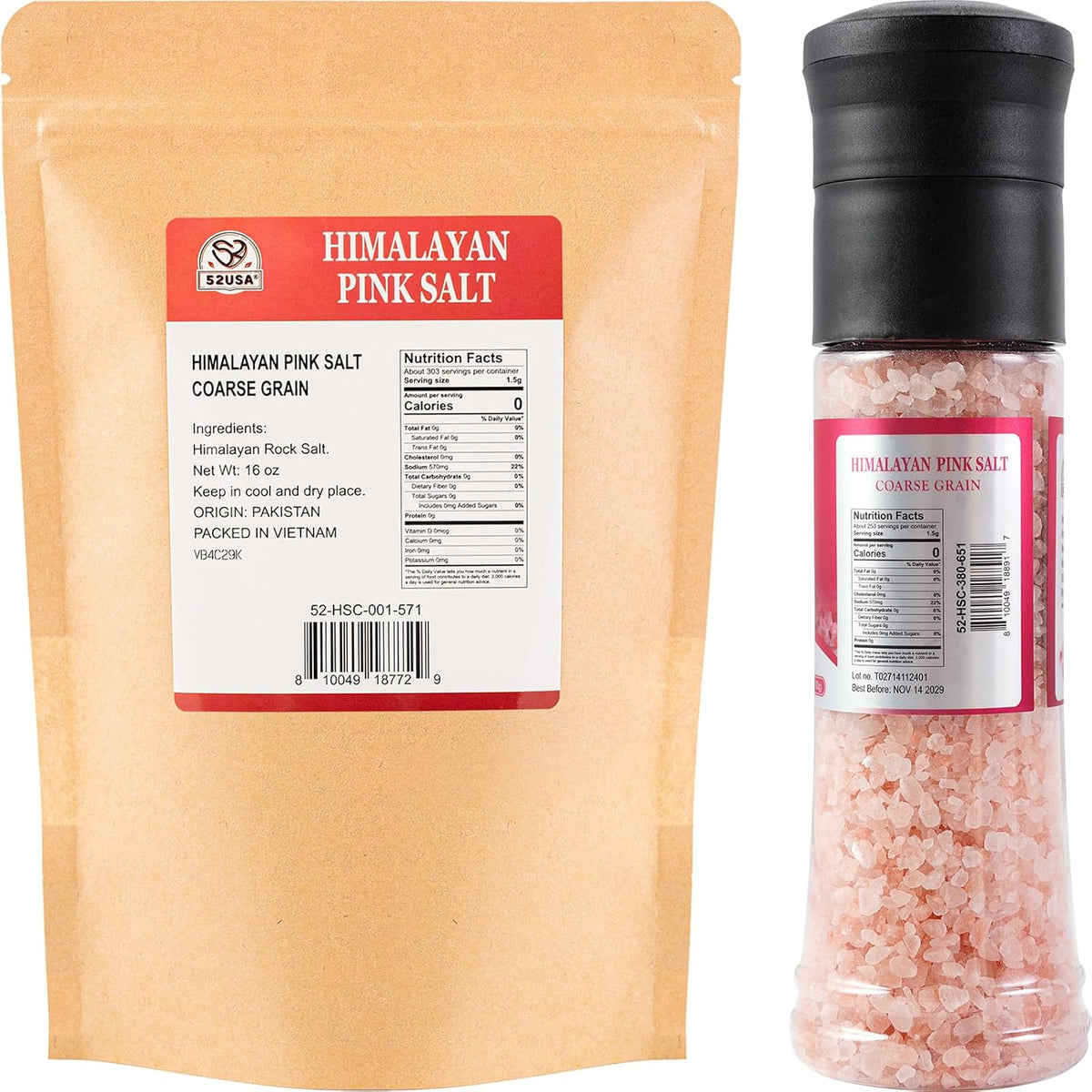 52USA Natural Coarse Pink Salt 380G & Himalayan Pink Coarse Salt 1LB, Unrefined Pure Himalayan Salt for Kitchen Cooking, Baking, Grilling & Seasoning