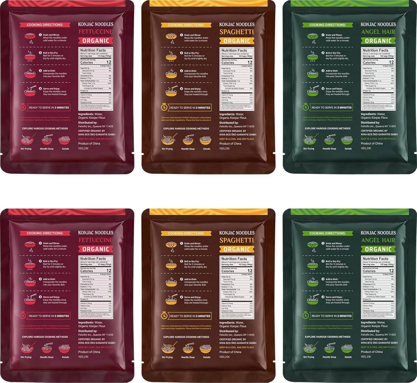 52USA USDA Organic Konjac Shirataki Noodle, Low Carb Pasta 52.8 Oz, 6 Pack 3 Variety-Angel Hair, Fettuccine, Spaghetti Noodles, Keto and Paleo Friendly, Low Calorie, Sugar Free, Vegan, Ready to Eat