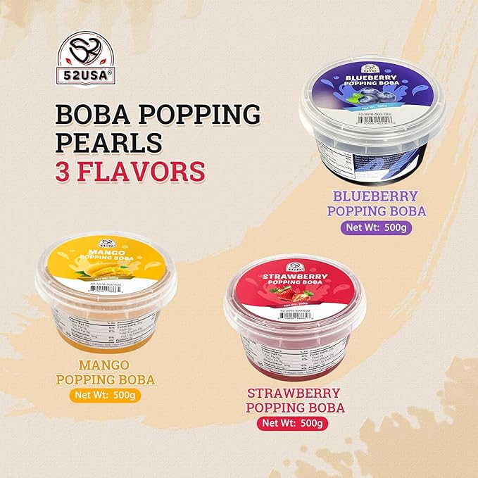 52USA Strawberry, Mango, Blueberry Popping Boba Pearls (3 Pack), Perfect for Bubble Tea, Boba Kit, Smoothies, Ice Cream, Desserts, Beverages 3.3 lb