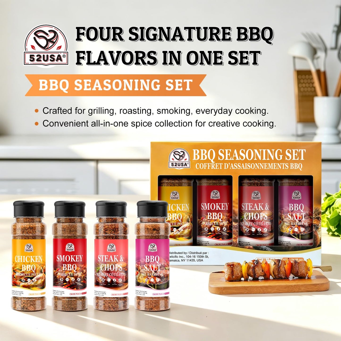 52USA BBQ Seasoning Set, Seasonings Variety Pack for Grilling and Smoking | Smoky BBQ, Steak Chops, BBQ Salt, Chicken BBQ, Good for all Around Cooking & Air Fryers, BBQ Rubs Gift Set-4 Pack