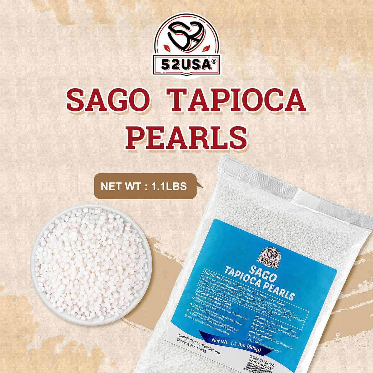 52USA Sago Pearls (Small Tapioca Pearls) 1.1 lb (500 g) - 2pack