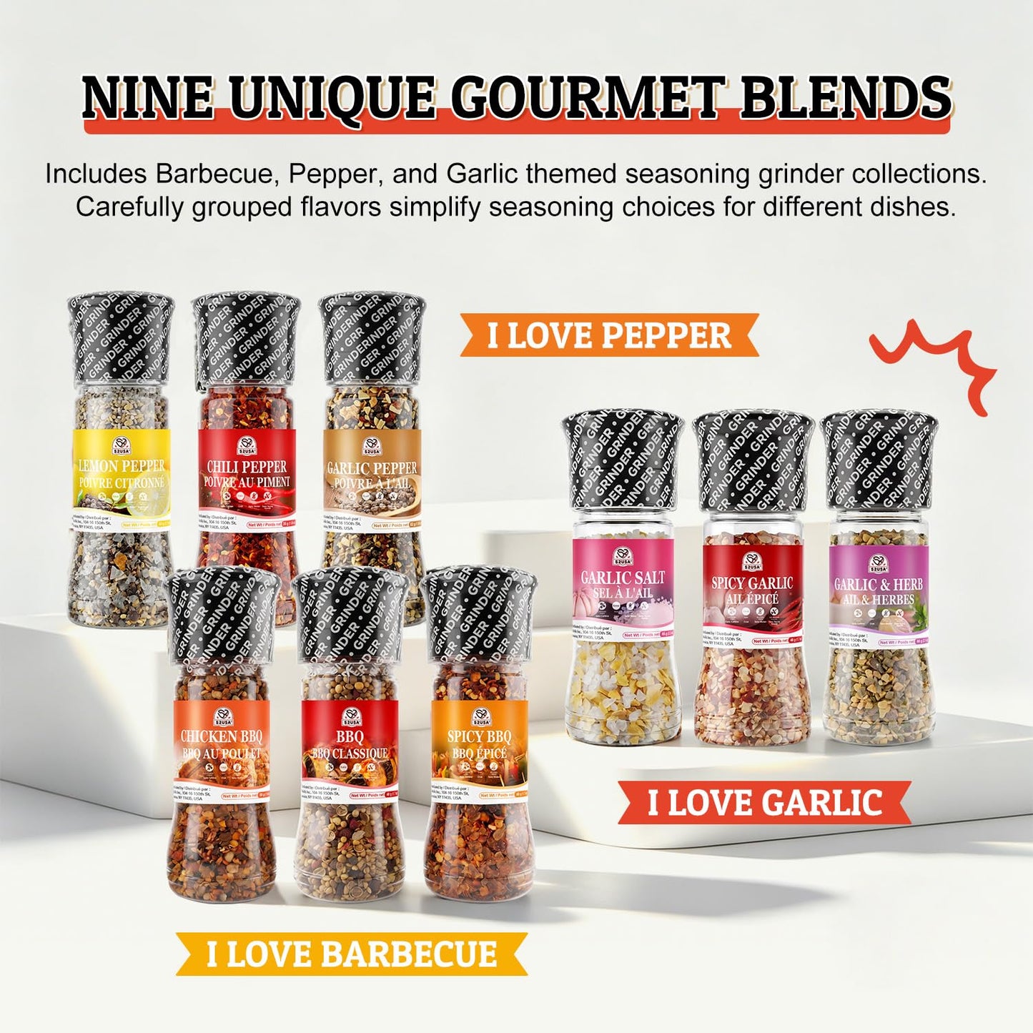 52USA Spice Grinder Seasoning Set of 9, Built-in Mill Assorted BBQ Garlic Pepper Seasoning Blends, Pure and Fresh, All Purpose Dry Rub Kit for Grilling Roasting Marinating Cooking