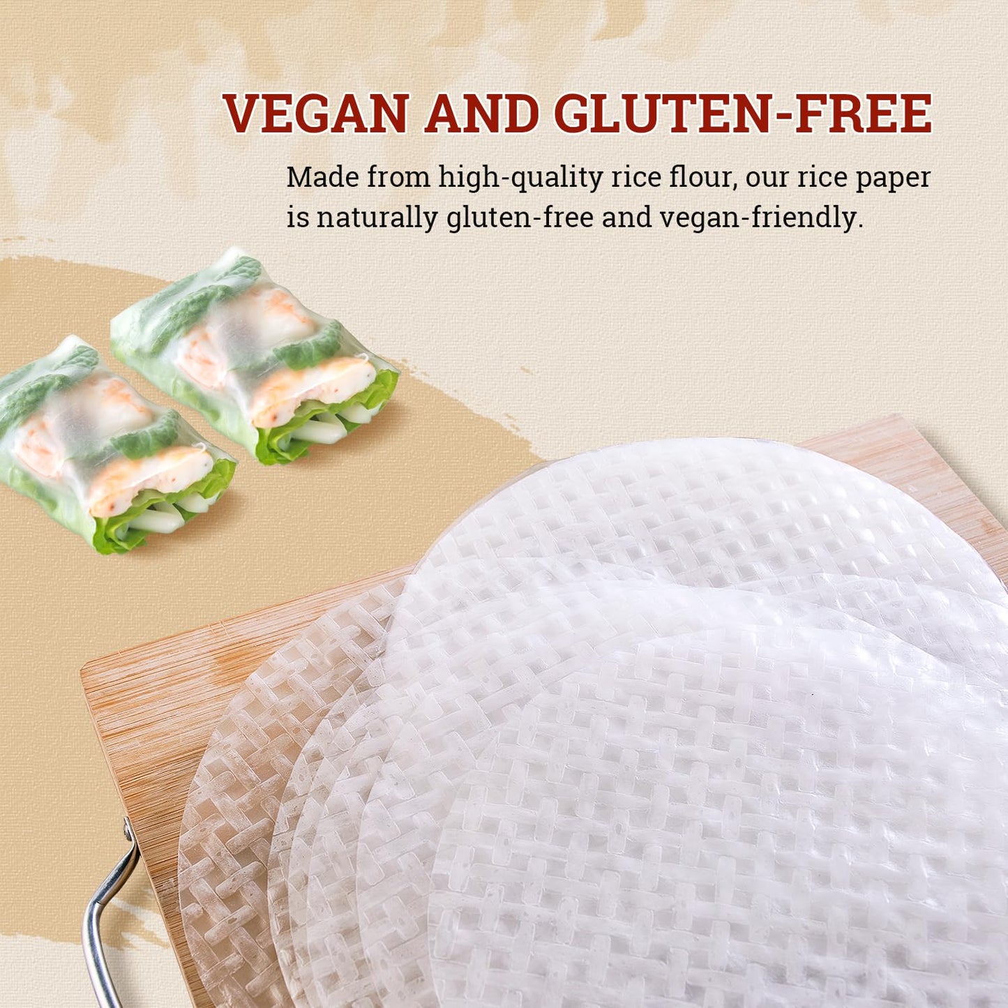 52USA Rice Paper, 3 Pack 102 Sheets, Spring Roll Wrappers & Dumpling Gluten Free, Wonton Wrappers, Vegan, Low Carb, Vietnamese Rice Wraps (Round, 22cm)