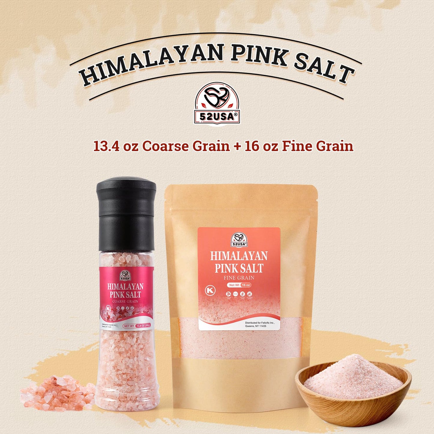 52USA Coarse Grain Pink Salt 380G + Pink Himalayan Fine Salt 1LB Bag, Natural Unrefined Himalayan Pink Salt Combo for Cooking, Baking, Grilling & Daily Seasoning