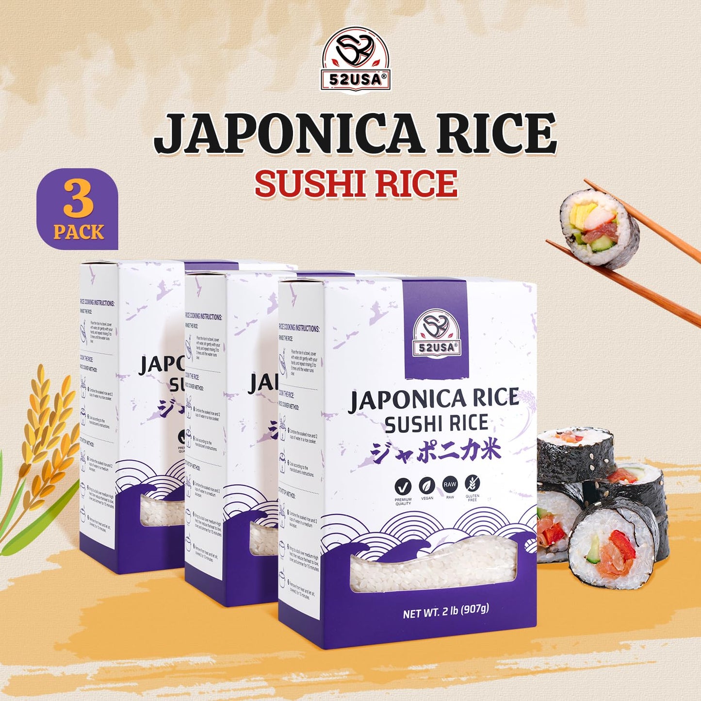 52USA Sushi Rice 2 Pound (Pack of 3), Premium Short Grain Rice | Gluten-Free, Vegan, White Sticky Rice for Sushi and Japanese Food, 96 Ounce (2721g)