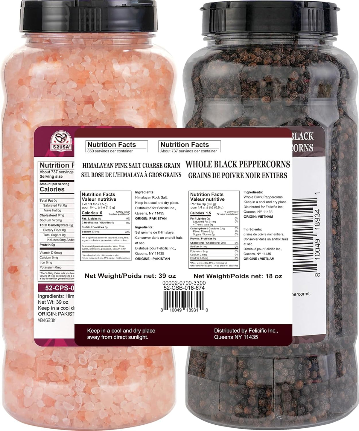 52USA Whole Black Peppercorn 18 Oz + Himalayan Pink Salt 39 Oz Coarse Grain Salt and Pepper Grinder, Black Pepper Grain Refill, Kosher, Pink Himalayan Sea Salt, 2-Piece Set