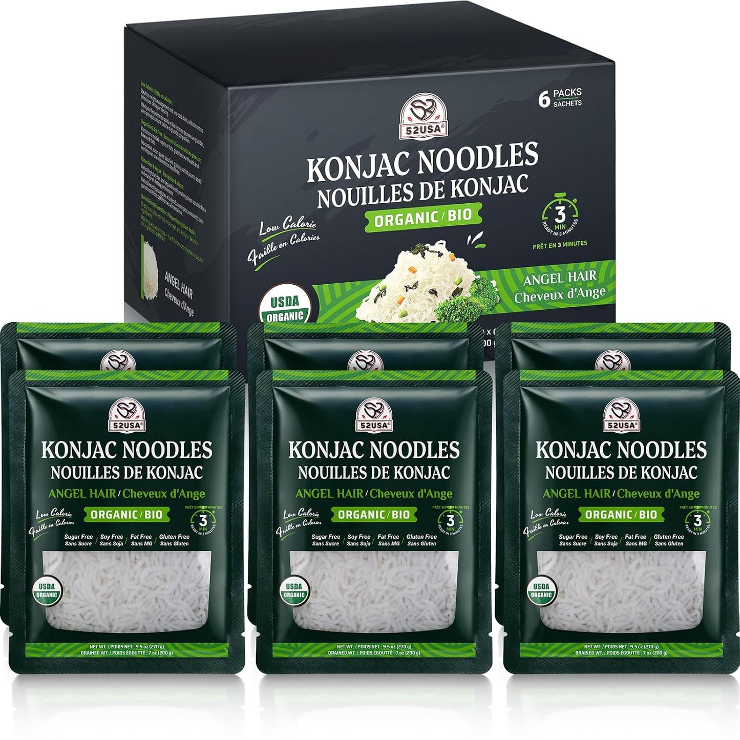 52USA Organic Konjac Angel Hair Noodle, 6-Pack (52.8 oz Total) – Low Carb, USDA Organic, Keto Friendly, Vegan, Sugar-Free, Gluten-Free, Ready to Eat, Shirataki Pasta