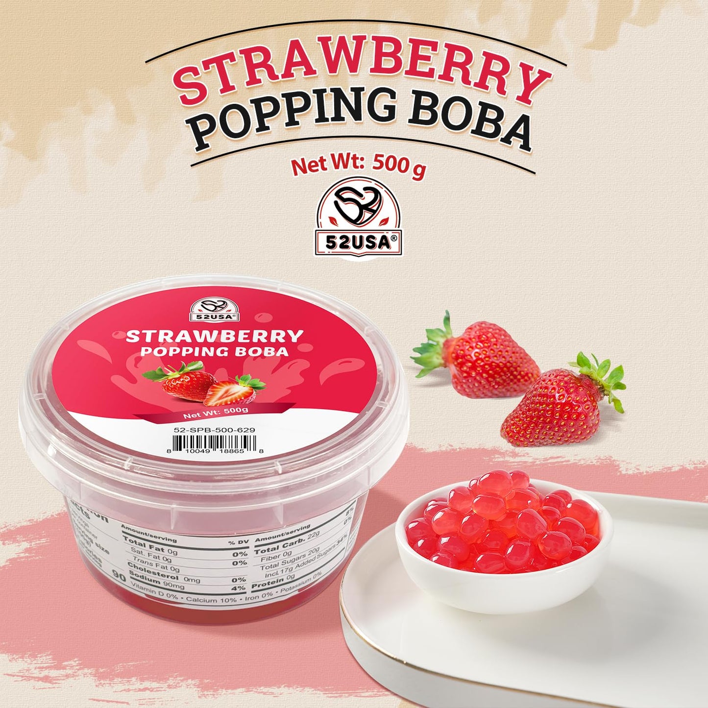 52USA Strawberry Popping Boba 500g (Pack of 2), Bursting Popping Pearls for Bubble Tea, Beverages, Sweets, Ice Cream, Shakes, Desserts & Smoothies Topping, 1.1 Pound (Pack of 2)