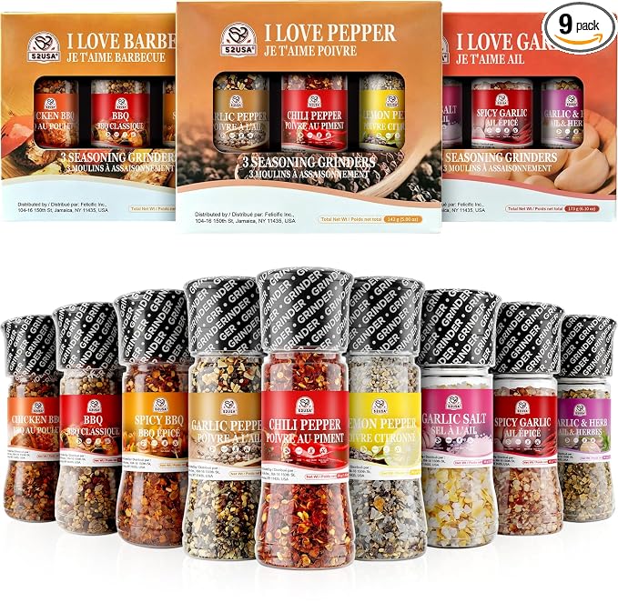 52USA Spice Grinder Seasoning Set of 9, Built-in Mill Assorted BBQ Garlic Pepper Seasoning Blends, Pure and Fresh, All Purpose Dry Rub Kit for Grilling Roasting Marinating Cooking