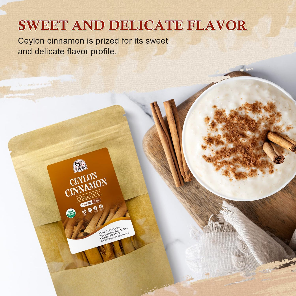 52USA Organic Ceylon Cinnamon Sticks 1 Oz (Pack of 2), Farmed in Sri Lanka Whole Cinnamon Sticks Bulk, Vegan, Non GMO, 56g, True Cinnamon