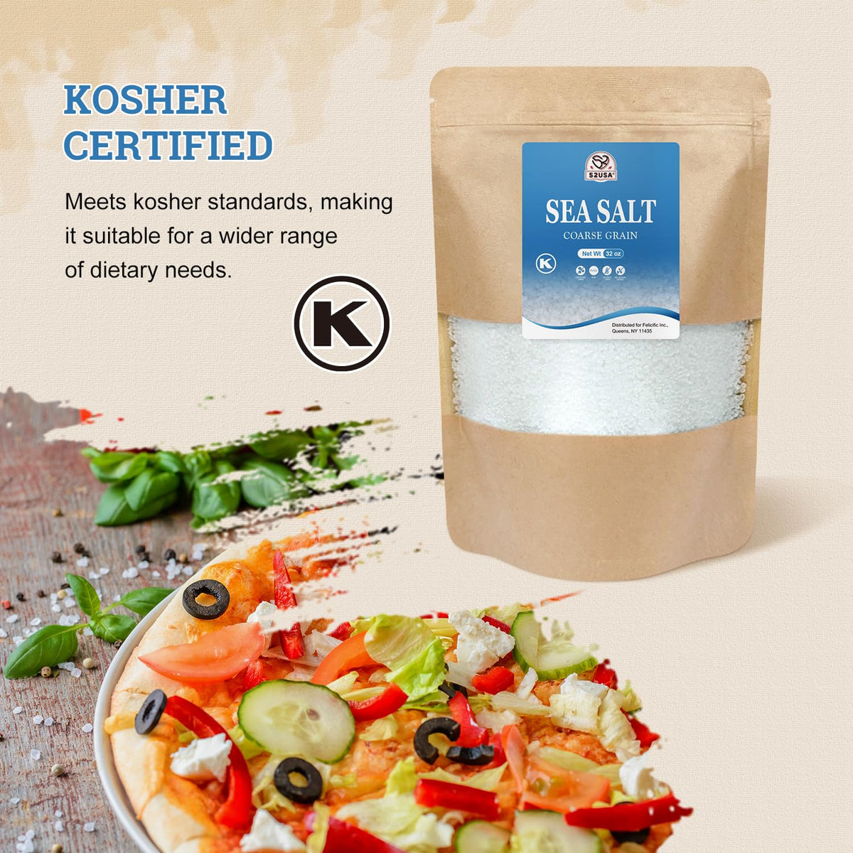 52USA Sea Salt, 2lb - 32oz (1 Pack), Coarse Grain, Salt Grinder Refill Perfect Coarse Sea Salt For Cooking, All Natural Sea Salt
