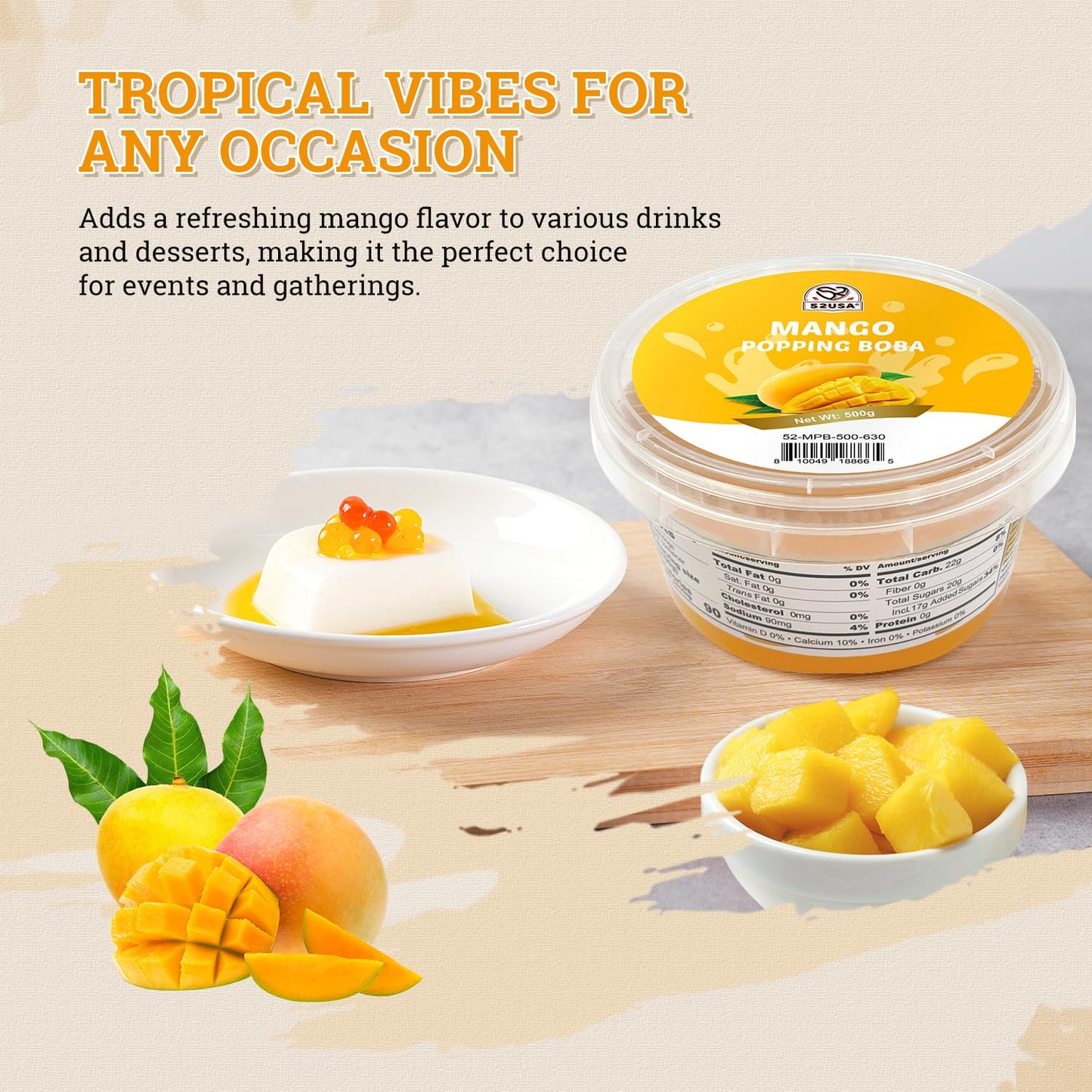 52USA Mango Popping Boba 1.1 Pound (Pack of 2), Bursting Popping Pearls | Suit for Beverages, Sweets, Ice Cream, Shakes, Desserts & Smoothies Topping
