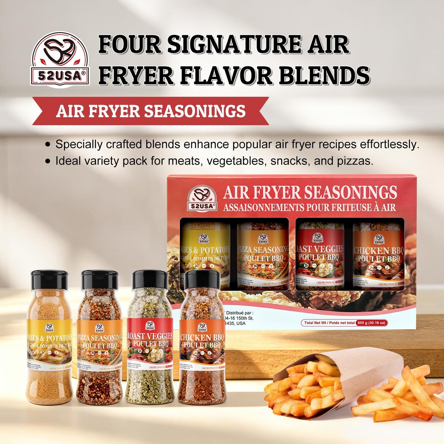 52USA Air Fryer Seasoning Blends Gift Set, 4 Pack Assorted Cooking Spices–Fries Potatoes, Pizza, Roast Veggies, Chicken BBQ Seasoning Mix, Purpose Dry Rub Spice Kit for Air Fryer Oven Grilling Cooking