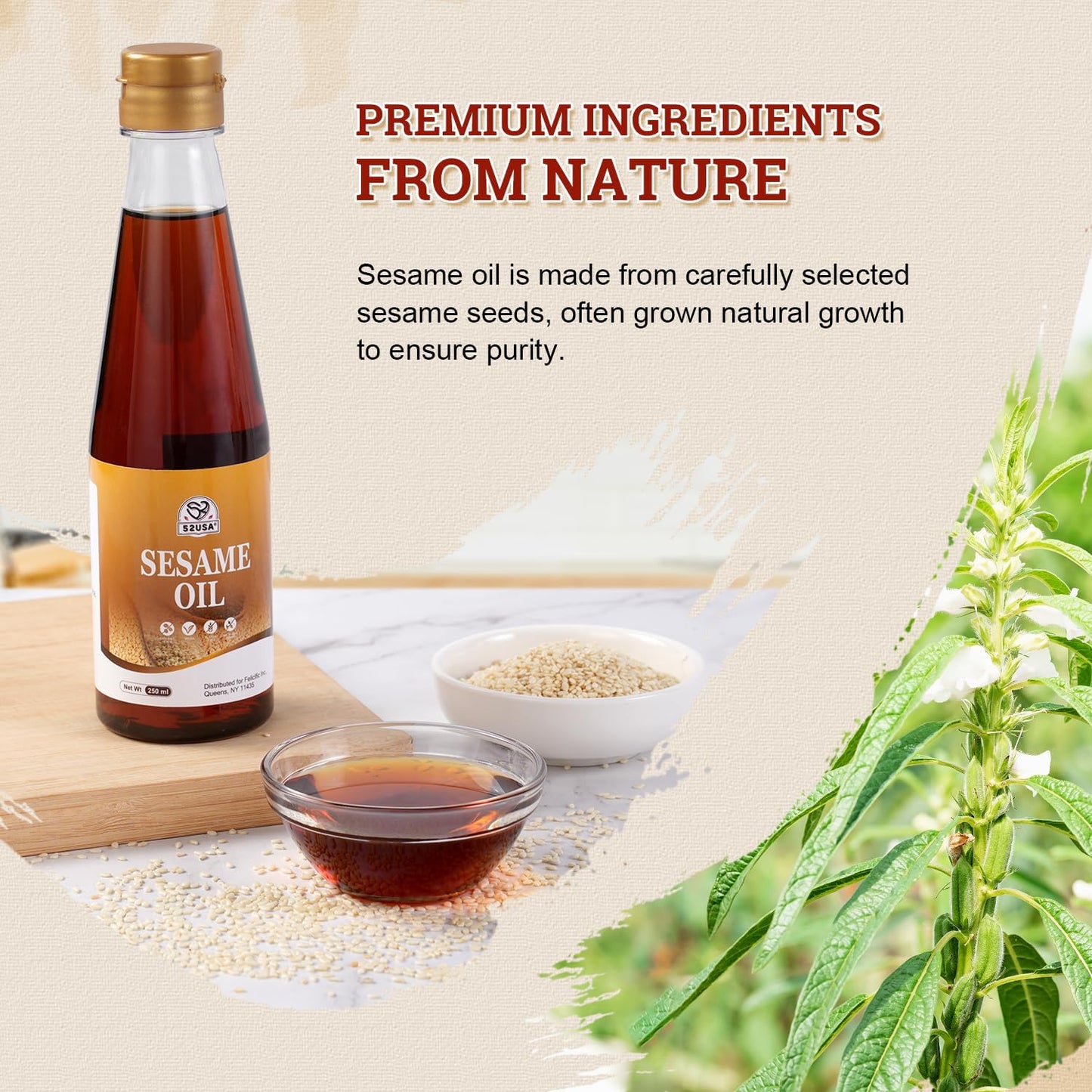52USA Sesame Oil, Toasted Sesame Oil, 100% Pure for Cooking, 8.45 Fl oz*2 Pure Sesame Seed Oil, No Additives, Aromatic Nutty Flavor, Great for Asian Cooking, Baking, Stir Fry, Soup, Homemade