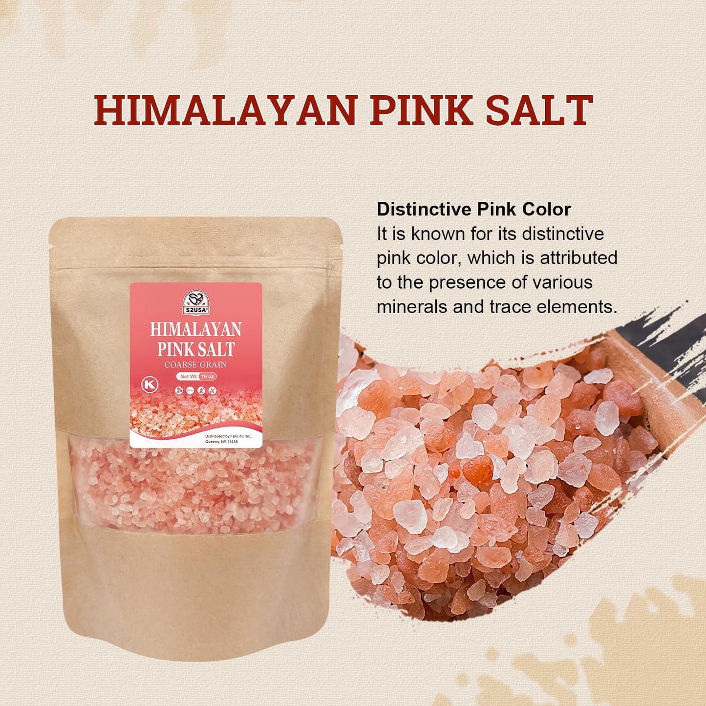 52USA Himalayan Pink Salt Coarse, Coarse Grain 1 lb, Pink Himalayans Sea Salt, Sea Salts for Grinder Refill, Himalayan Salts, Pink Salt, No Artificial Colors, No Additives, No Gluten, Kosher Certified