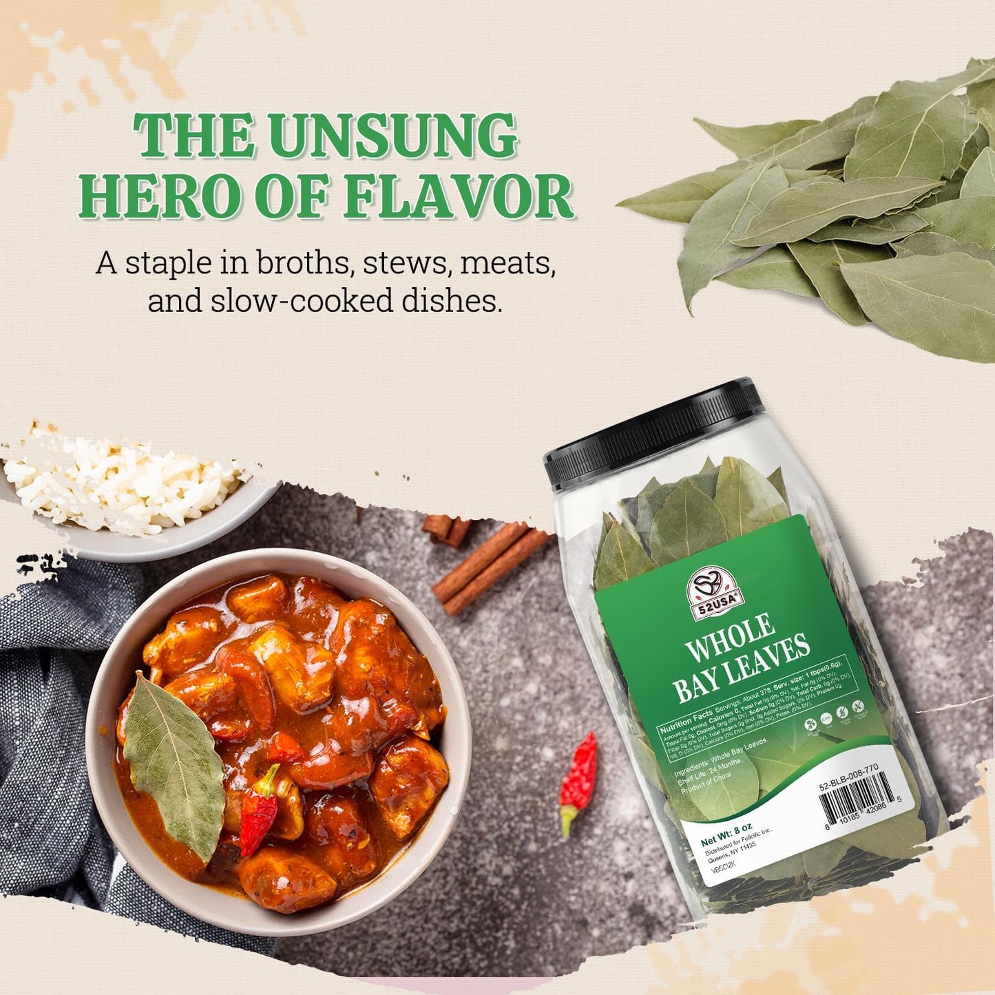 52USA Bay Leaves Whole, 8 oz, Dried Bay Leaves, All Natural, Gluten Free, Caffeine Free, No Sugar, Laurel Herbs for Cooking