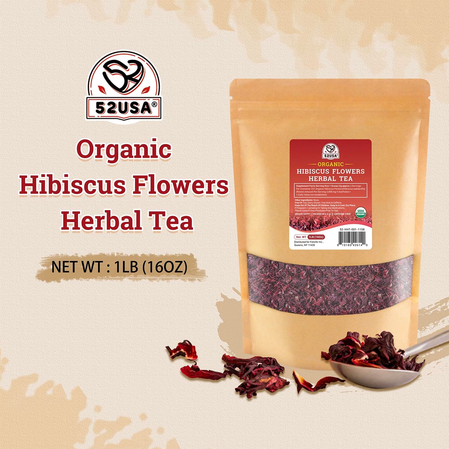 52USA Organic Hibiscus Tea Loose Leaf, Dried Hibiscus Flowers, 1 lb (16oz) | Hibiscus Chai Tea, 100% Certified Organic, Cut and Sifted, Flor de Jamaica, Gluten Free, Non GMO, Herbal Tea (200+cups)