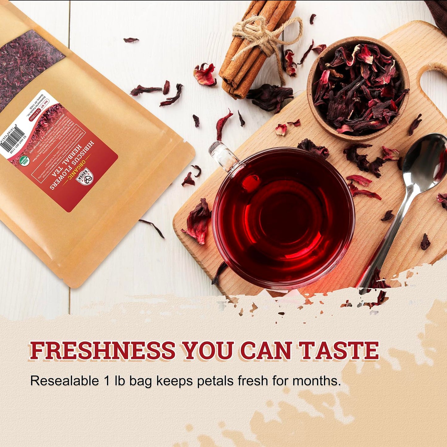 52USA Organic Hibiscus Tea Loose Leaf, Dried Hibiscus Flowers, 1 lb (16oz) | Hibiscus Chai Tea, 100% Certified Organic, Cut and Sifted, Flor de Jamaica, Gluten Free, Non GMO, Herbal Tea (200+cups)