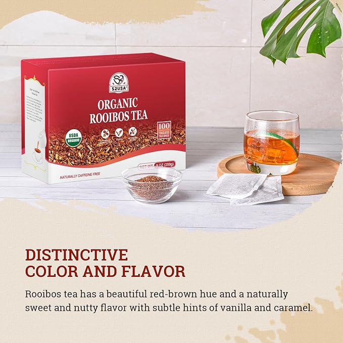 52USA Red Rooibos Tea Bags, 80 Tea Bags, Rooibos Tea Organic Pure Premium Rooibos Chai Tea, Herbal Tea, Naturally Sweet & Caffeine-Free, Farmed in South Africa, USDA Organic, 7oz (200g)