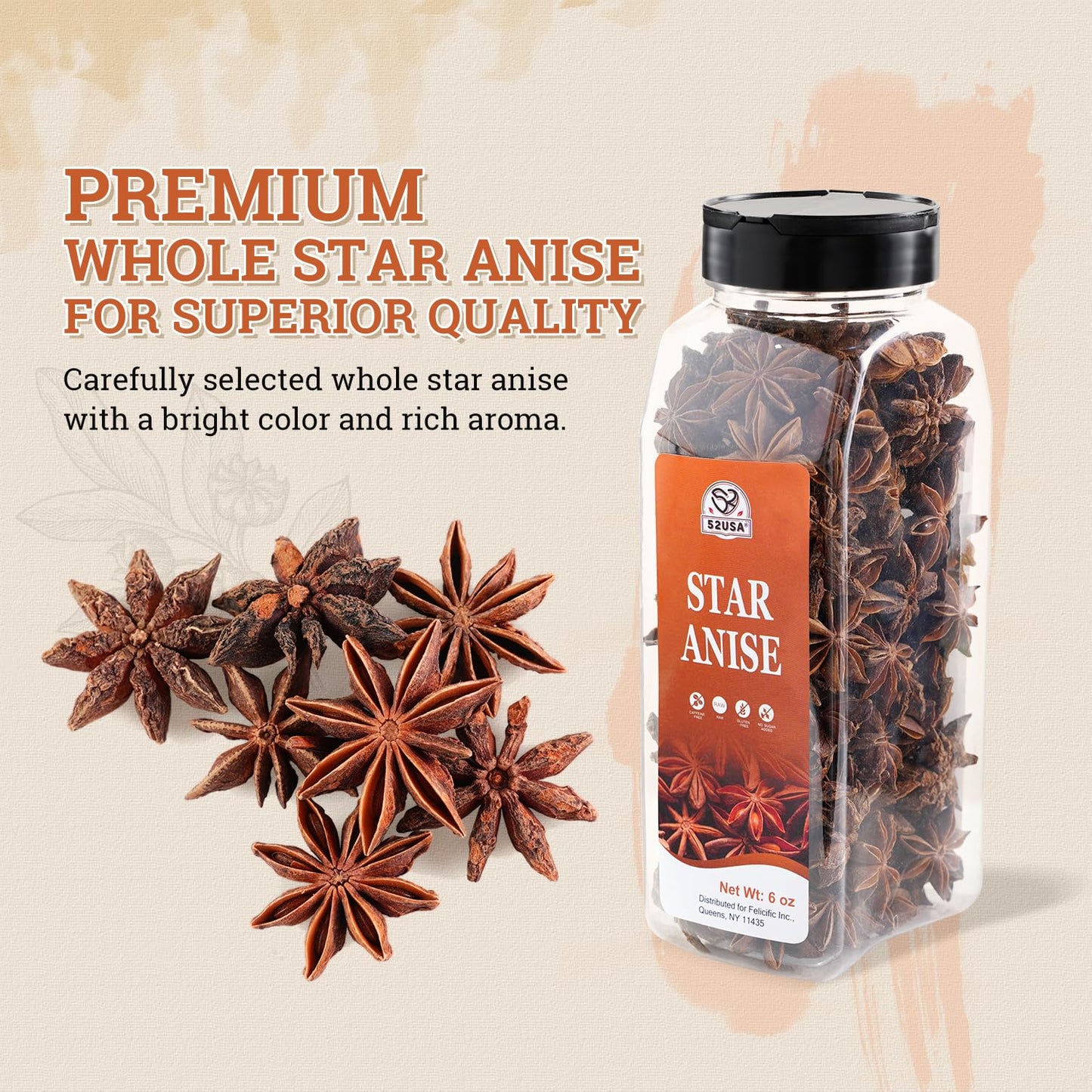 52USA Star Anise, Whole Dried Anise Seeds 6 oz, Natural Aromatic Spice | Comes in Bottle, Chinese Star Anise Ideal for Cooking, Baking, Soups, Marinades and Herbal Teas