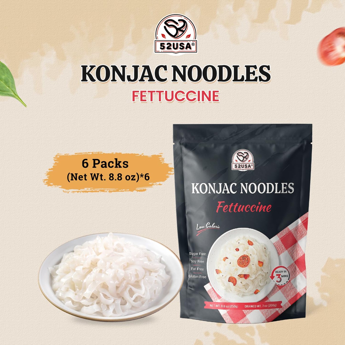 52USA Konjac Shirataki Noodles, Fettuccine, 6-Pack (52.8oz