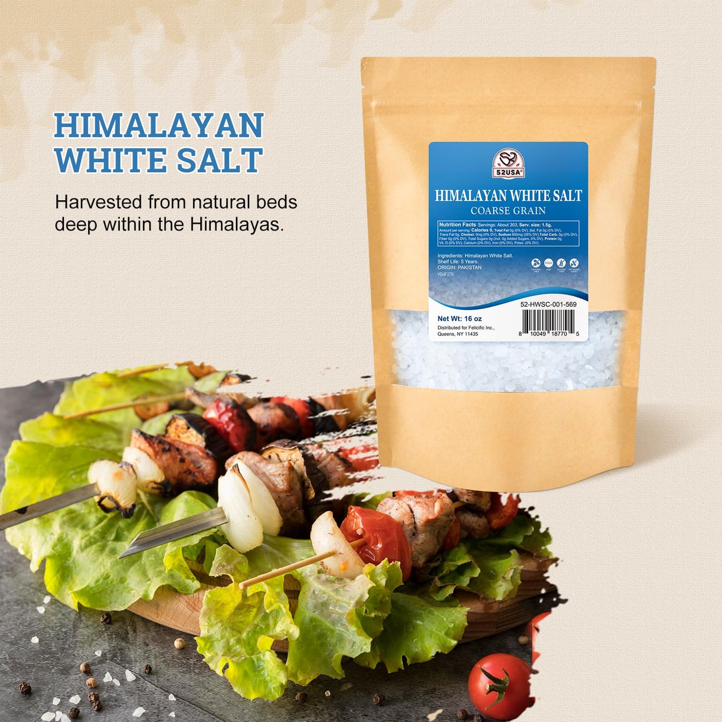 52USA Himalayan White Salt Coarse Grain, 1lb