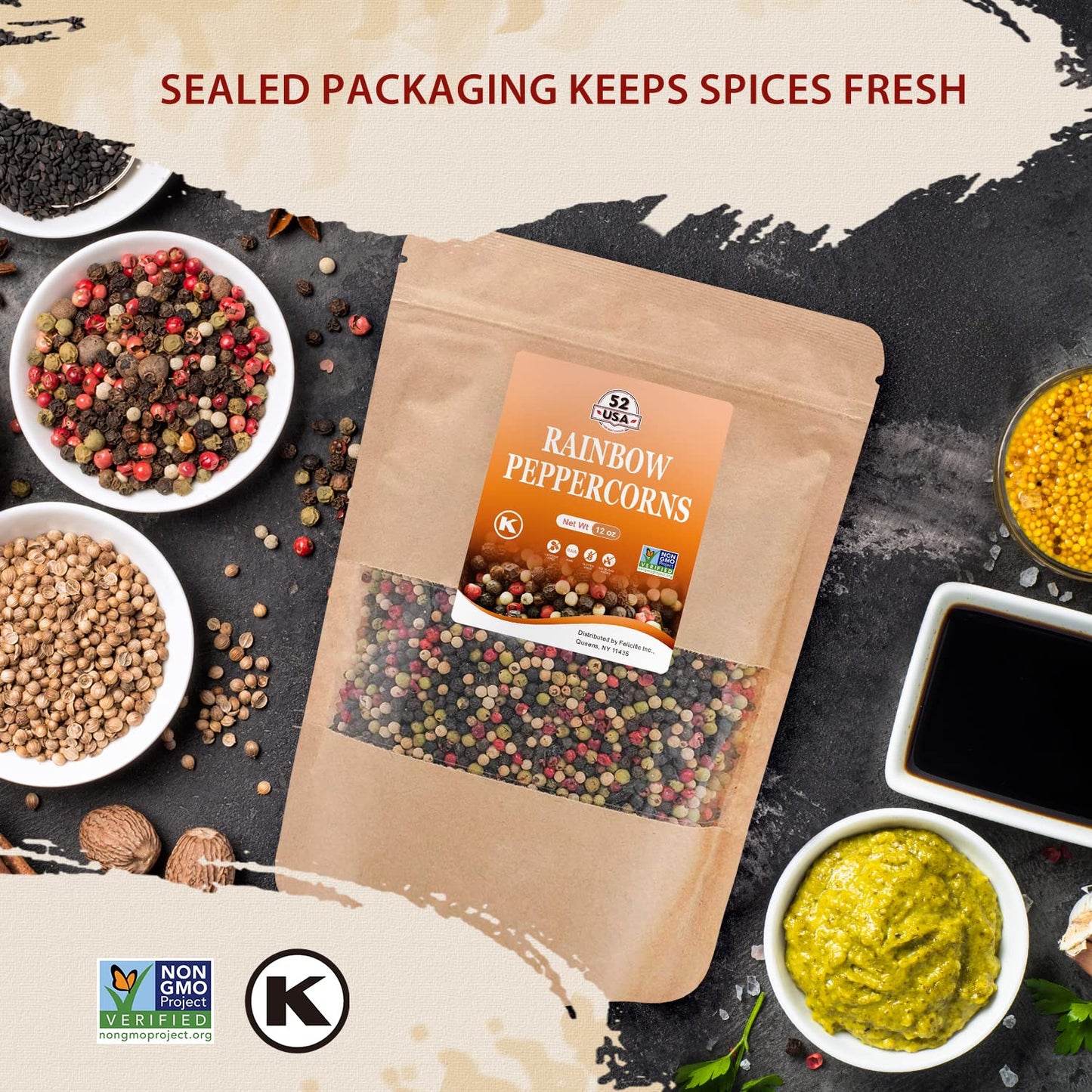 Click to see full view 52USA Rainbow Peppercorns, 12oz, Peppercorn for Grinder Refill, Whole White Pepper corns, Red Peppercorn, Black Peppercorns, Mixed Peppercorns, Rainbow Pepper Mix
