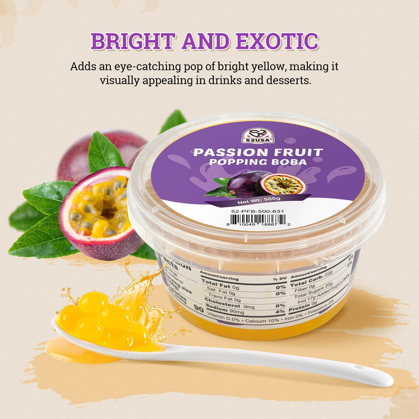 52USA Passion Fruit Popping Boba1.1 Pound (Pack of 2), Bursting Boba Pearls | Bursting Popping Pearls for Bubble Tea, Beverages, Sweets, Ice Cream, Shakes, Desserts & Smoothies Topping, 1000g