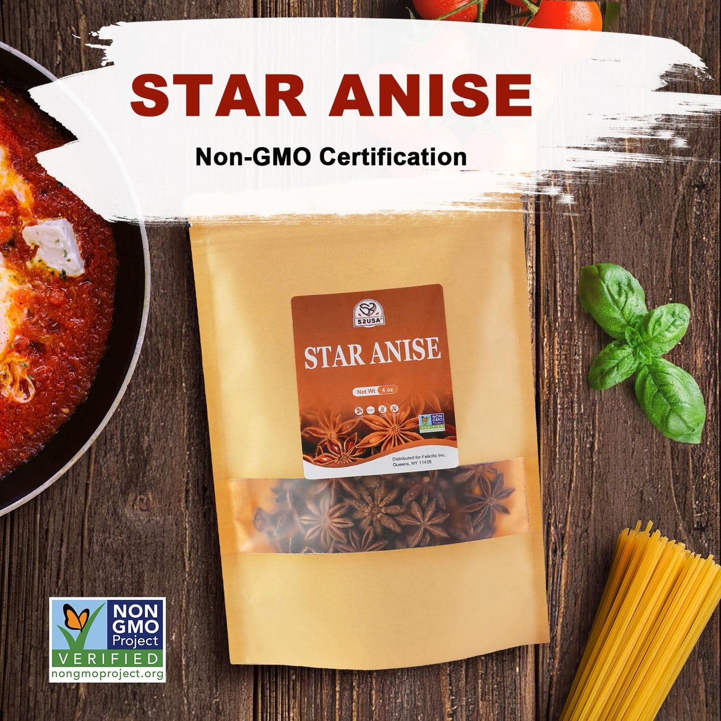 52USA,whole 4oz (Pack of 1), NON-GMO Verified Chinese, Dried Anise Spice Aromatic Anise Star for Baking and Tea, Pho Broth, Mulled Wine, Braising Meat, Whole Chinese Star Anise Pods, Anis Estrella