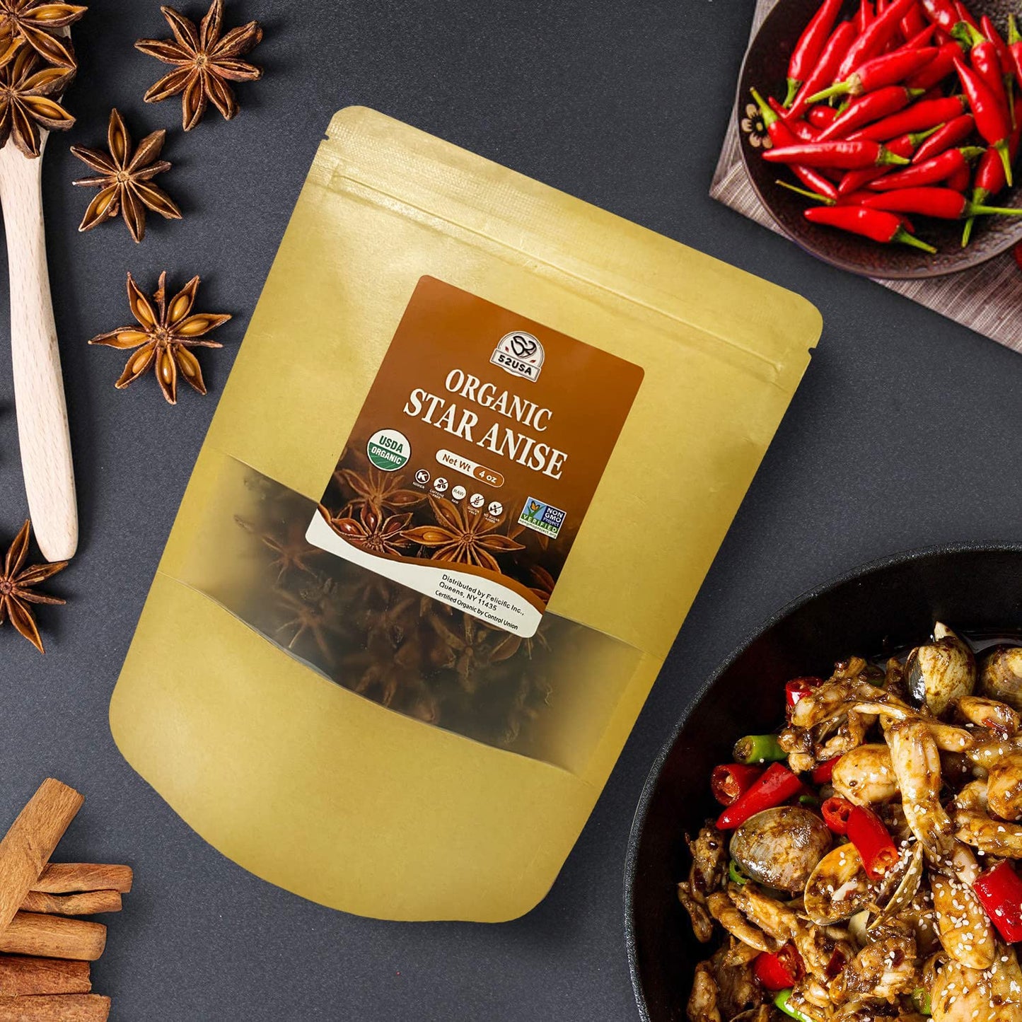 52USA Organic Star Anise, 4 Ounce (Pack of 1), NON-GMO Verified Chinese Star Anises Whole, Dried Star Anise Pods for Tea and baking