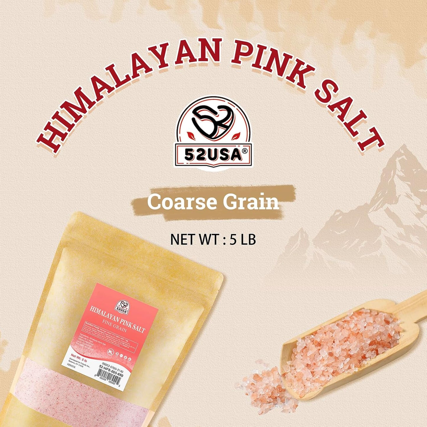 52USA Himalayan Pink Salt, Coarse Grain, Pink Himalayan Sea Salt, Sea Salt for Grinder Refill, 80 oz (5 Pound)