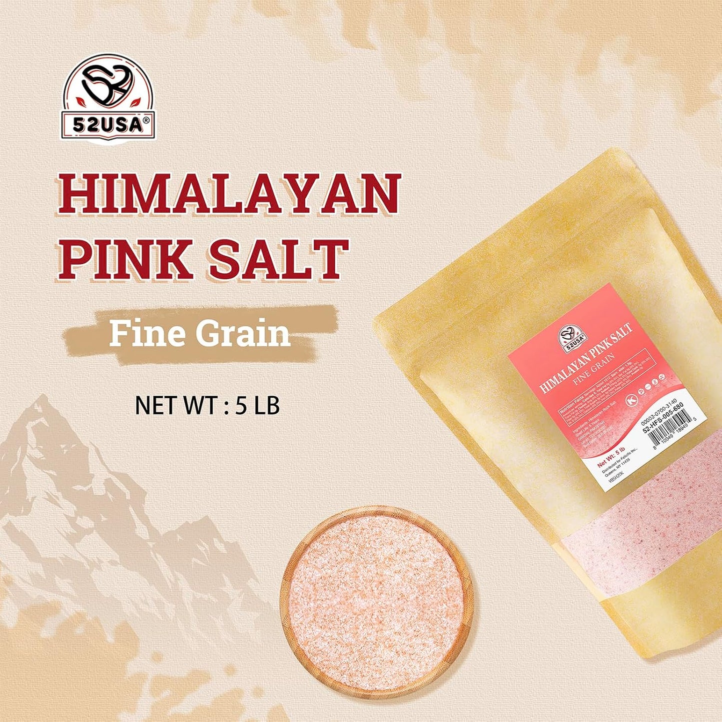 52USA Himalayan Pink Salt, Fine Grain, 80 oz (5 Pound), Pink Himalayan Sea Salt Fine, Kosher Salt, Rock Salt