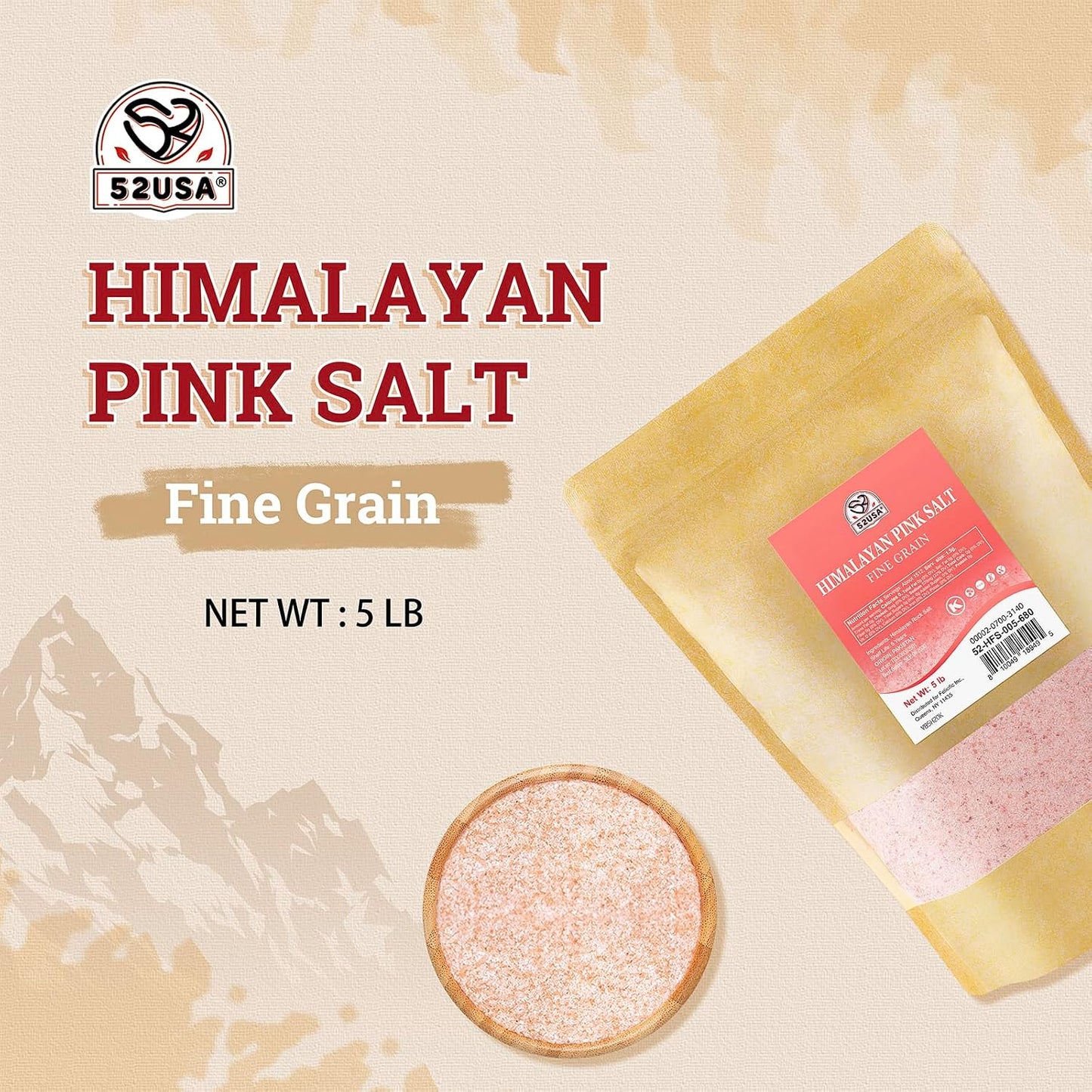 52USA Himalayan Pink Salt, Fine Grain, 80 oz (5 Pound), Pink Himalayan Sea Salt Fine, Kosher Salt, Rock Salt