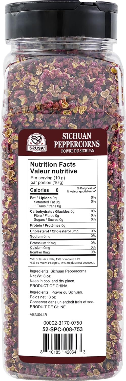 52USA Sichuan Peppercorns 8oz Bottle – Authentic Whole Red Szechuan Peppercorns, Strong Flavor with Tingly Numbness – Essential Spice for Mapo Tofu, Kung Pao Chicken, Hot Pot & Asian Cuisine