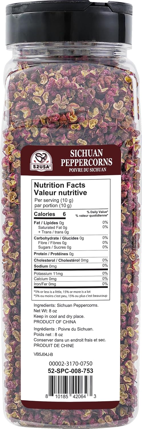 52USA Sichuan Peppercorns, Szechuan Peppercorns 8oz Bottle –Authentic Whole Red Sichuan Pepper, Strong Flavor with Tingly Numbness, Essential Spice for Mapo Tofu, Kung Pao Chicken, Asian Cuisine
