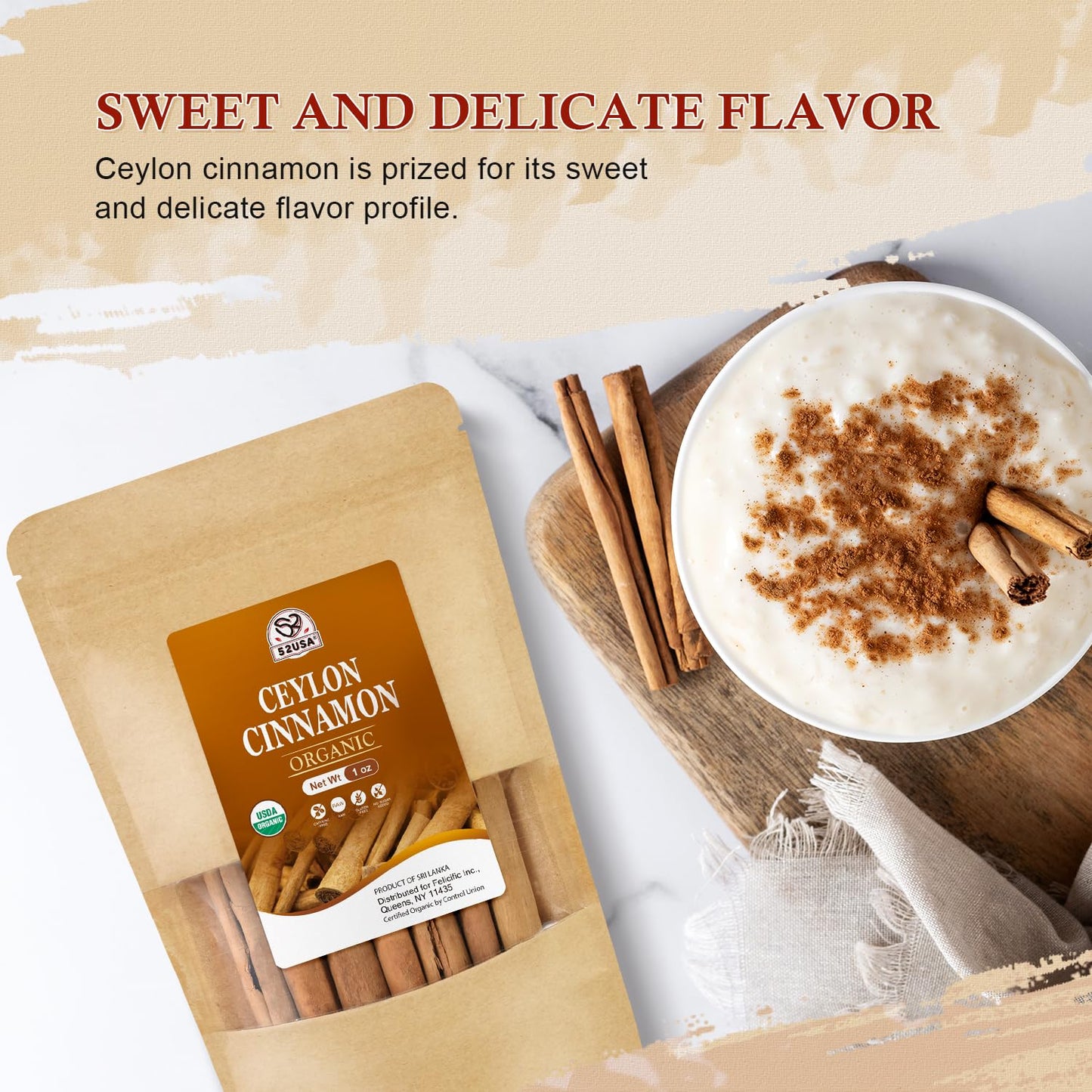 52USA Organic Ceylon Cinnamon Sticks, 1 Ounce (Pack of 1) | True Cinnamon Farmed in Sri Lanka, Whole Cinnamon Sticks Bulk, Vegan, Non GMO, 28g