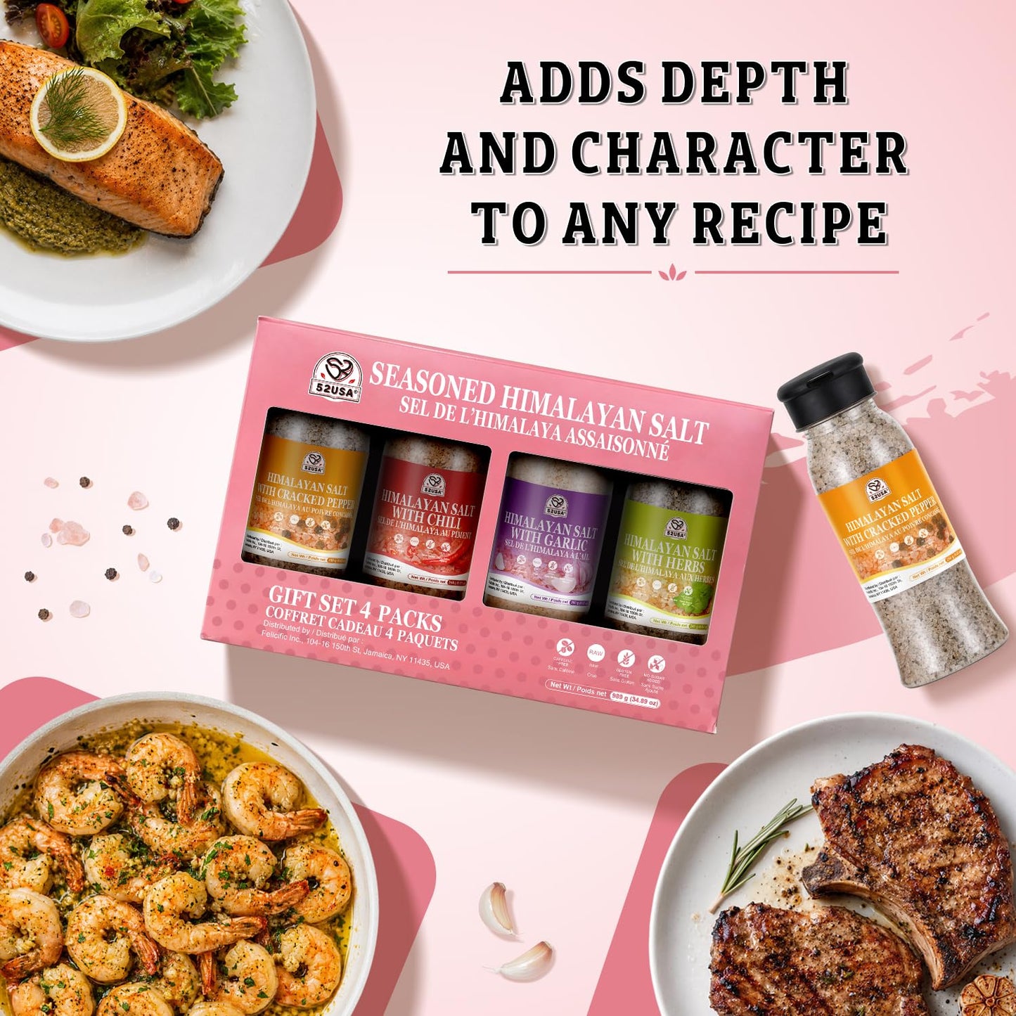 52USA Seasoned Himalayan Salt Gift Set 4 packs, Seasoned Salt Blend | Himalayan Pink Salt with Black Pepper, Garlic, Chili, Herbs and Sea Salt, All Purpose Spice Blends for Meat, Seafood & Veggy