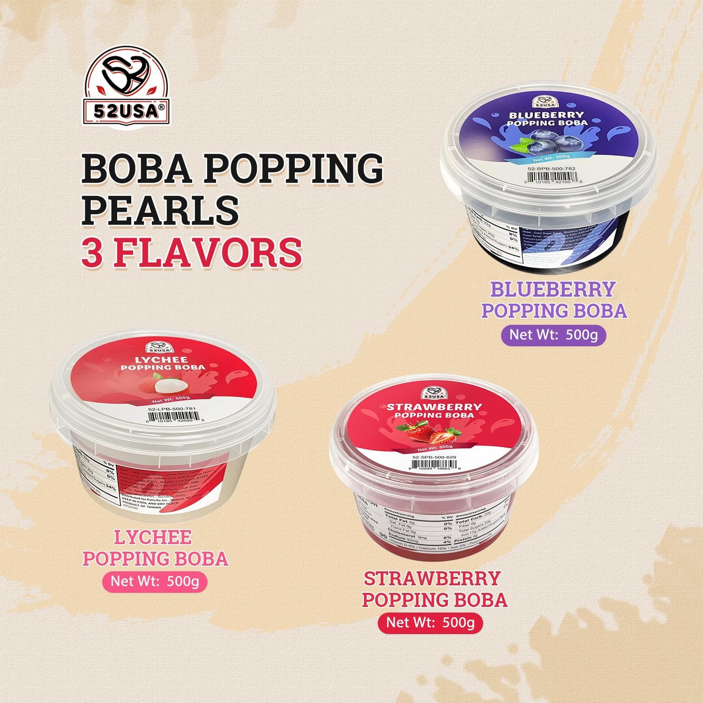 52USA Strawberry, Lychee, Blueberry Popping Boba Pearls, Perfect for Bubble Tea, Smoothies, Ice Cream, Desserts, and Beverages 3.3 lb (1.1 lb X 3)