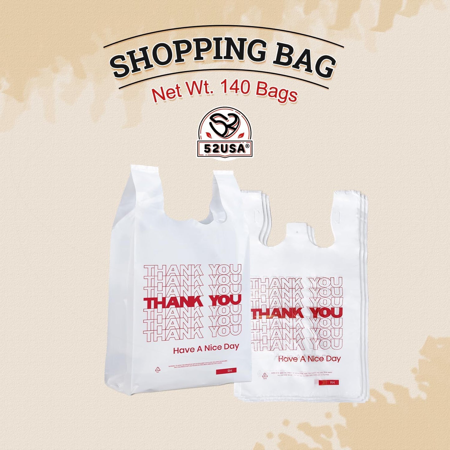 52USA Thank You Plastic Bags (140 pcs) , White Shopping Bag with Handles
