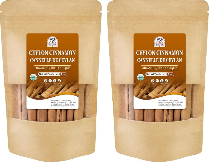 52USA Organic Ceylon Cinnamon Sticks 1 Oz (Pack of 2), Farmed in Sri Lanka Whole Cinnamon Sticks Bulk, Vegan, Non GMO, 56g, True Cinnamon