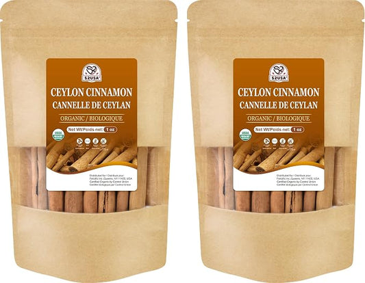 52USA Organic Ceylon Cinnamon Sticks 1 Oz (Pack of 2), Farmed in Sri Lanka Whole Cinnamon Sticks Bulk, Vegan, Non GMO, 56g, True Cinnamon