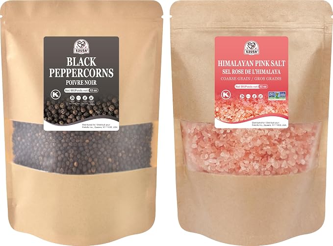 52USA Whole Black Peppercorns 12 Oz + Himalayan Pink Salt 2 LB Coarse Grain Salt and Pepper Grinder, Black Peppercorn Refil, Pink Himalayan Sea Salt, 2 Piece Set