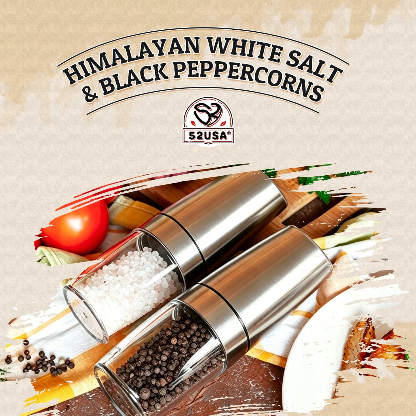 52USA Black Peppercorns 12 oz and Coarse Sea Salt 1 lbs, Salt and Pepper for Grinder Refill, Whole Peppercorns