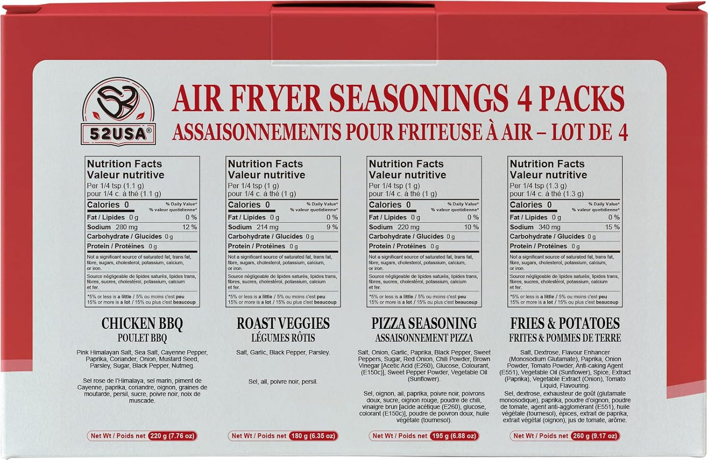 52USA Air Fryer Seasoning Blends Gift Set, 4 Pack Assorted Cooking Spices–Fries Potatoes, Pizza, Roast Veggies, Chicken BBQ Seasoning Mix, Purpose Dry Rub Spice Kit for Air Fryer Oven Grilling Cooking