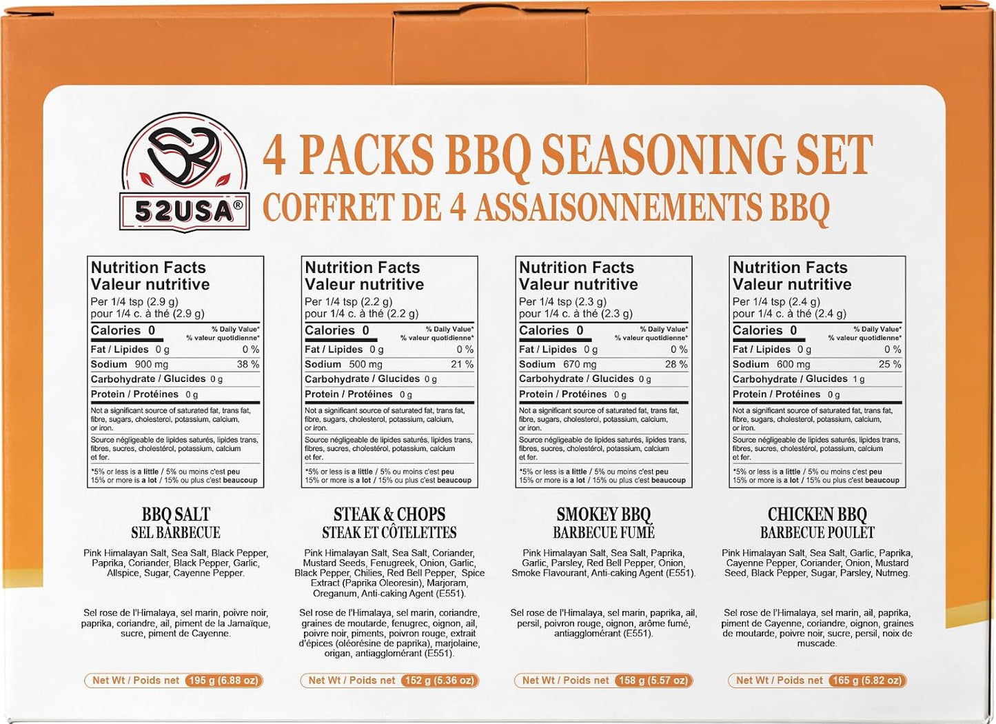 52USA BBQ Seasoning Set, Seasonings Variety Pack for Grilling and Smoking | Smoky BBQ, Steak Chops, BBQ Salt, Chicken BBQ, Good for all Around Cooking & Air Fryers, BBQ Rubs Gift Set-4 Pack
