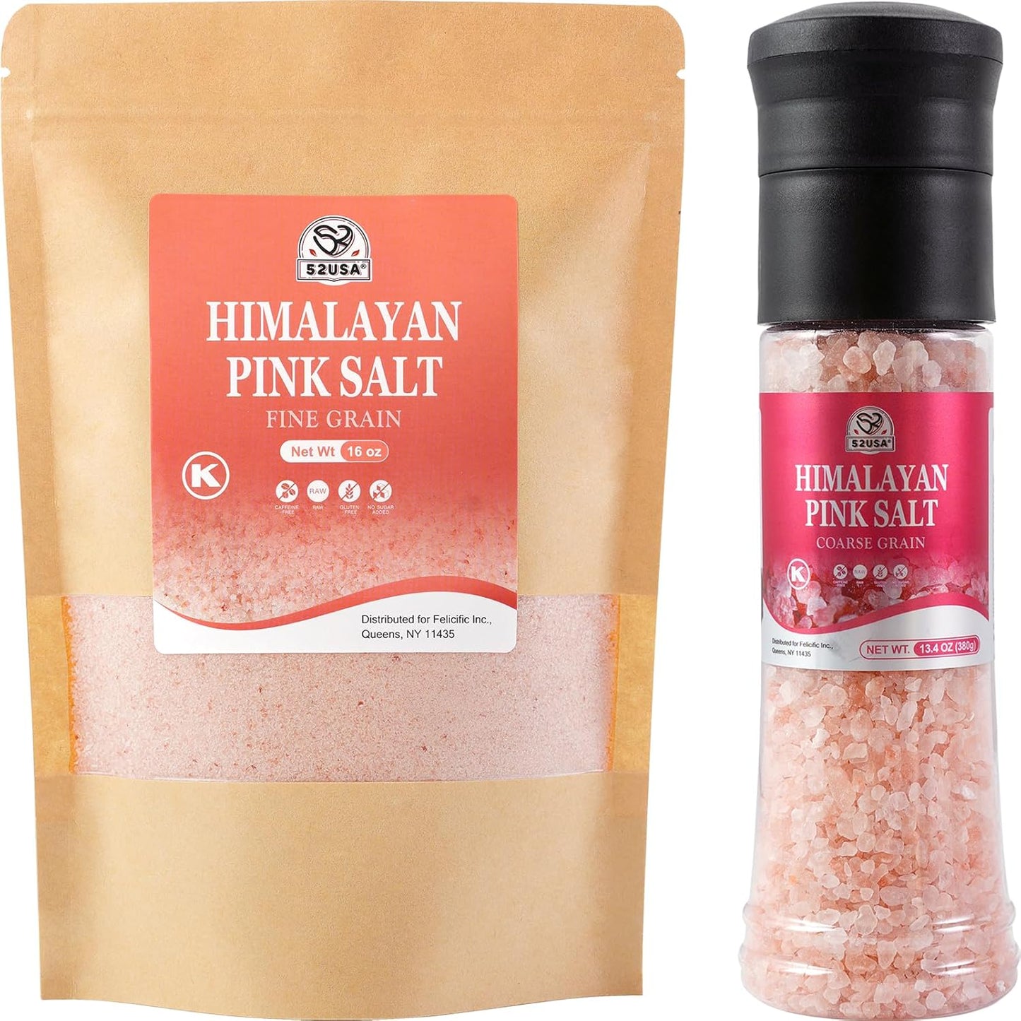 52USA Coarse Grain Pink Salt 380G + Pink Himalayan Fine Salt 1LB Bag, Natural Unrefined Himalayan Pink Salt Combo for Cooking, Baking, Grilling & Daily Seasoning