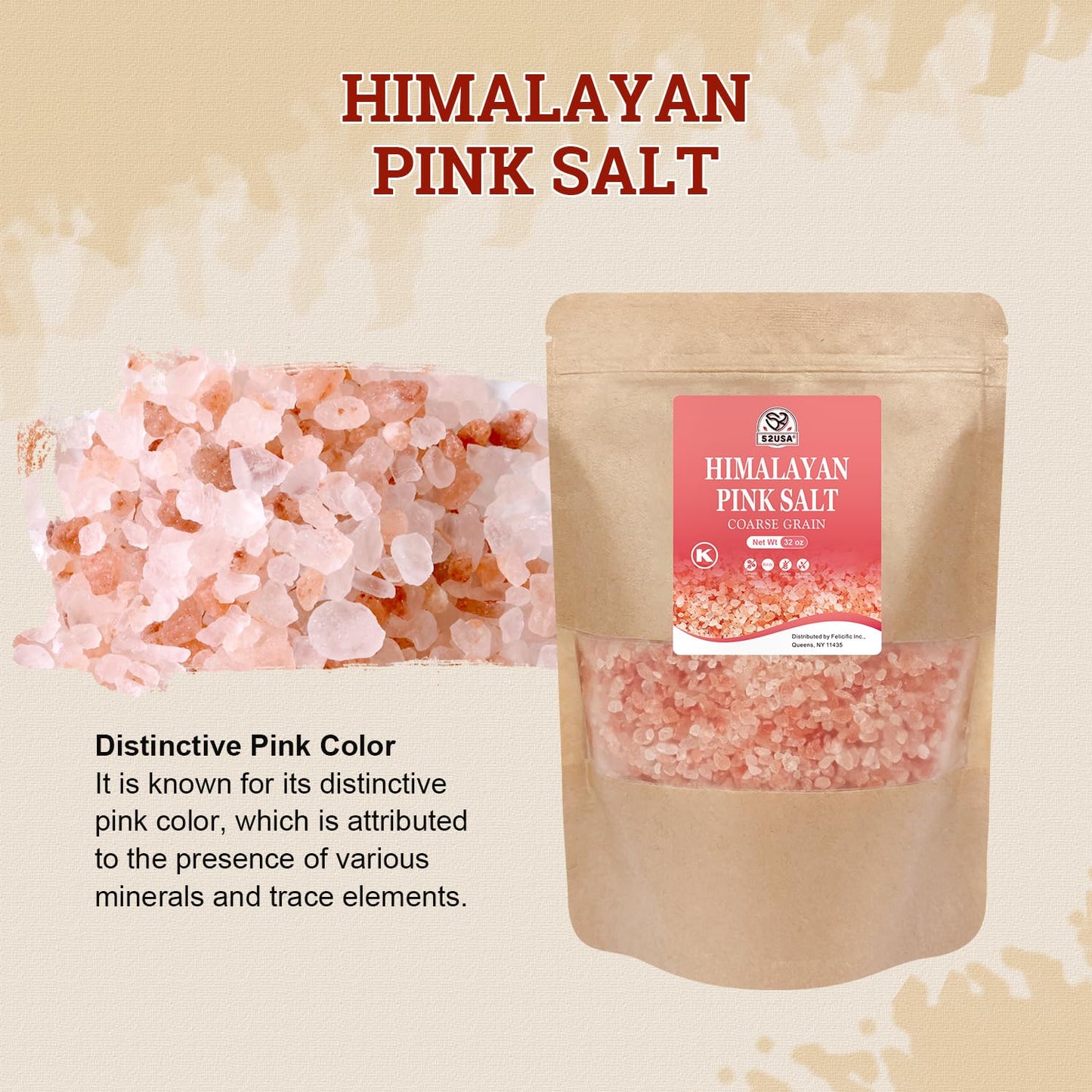 52USA Himalayan Pink Salt Coarse, Pink Himalayan Sea Salt, Coarse Grain 2 lb, Himalayan Salt, Pink Salt, Rock Salt for Grinder Refill, No Artificial Colors, No Additives, No Gluten, Kosher Certified