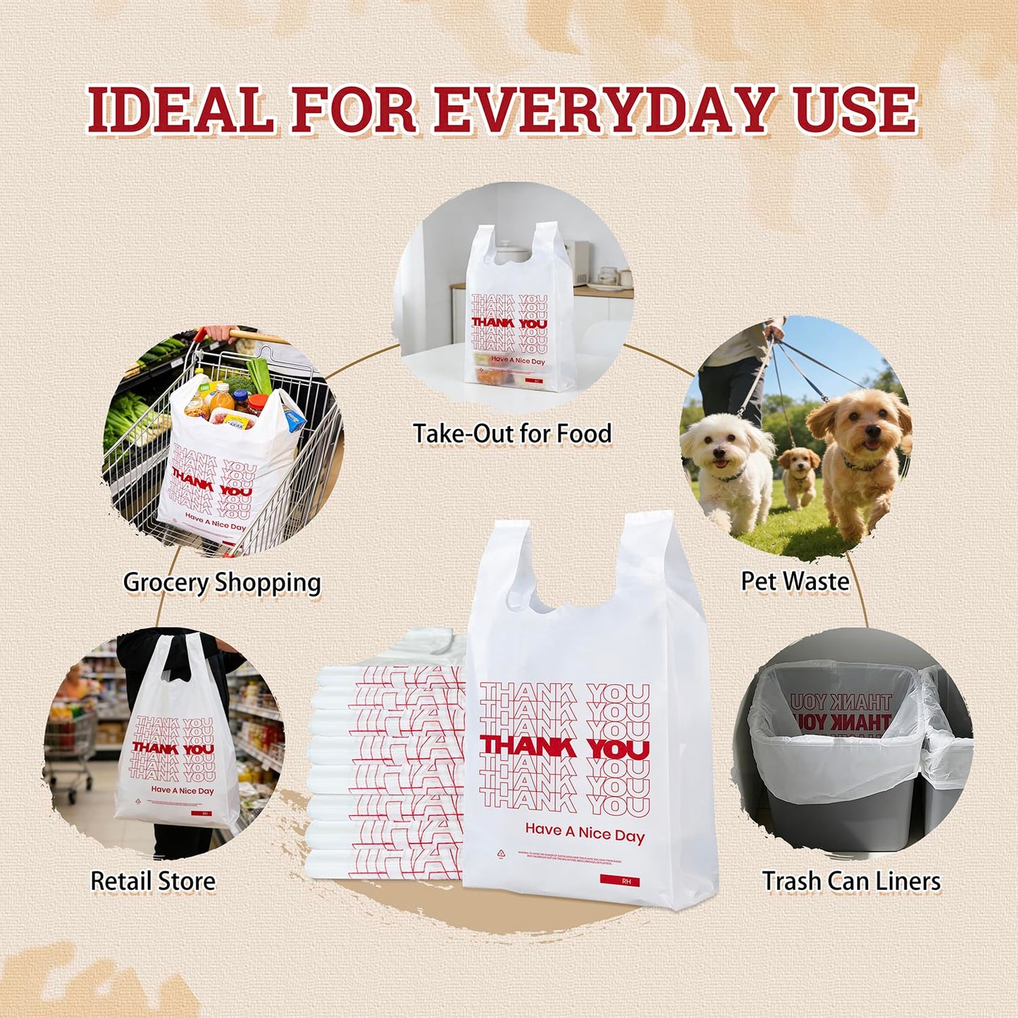 52USA Thank You Plastic Bags, Tee Shirt Bag with Handles (70 Count),White Plastic Shopping Bags (11.5" x 6.5" x 21") -Reusable Plastiic Bags for Grocery, Retail & Takeout, Made in US