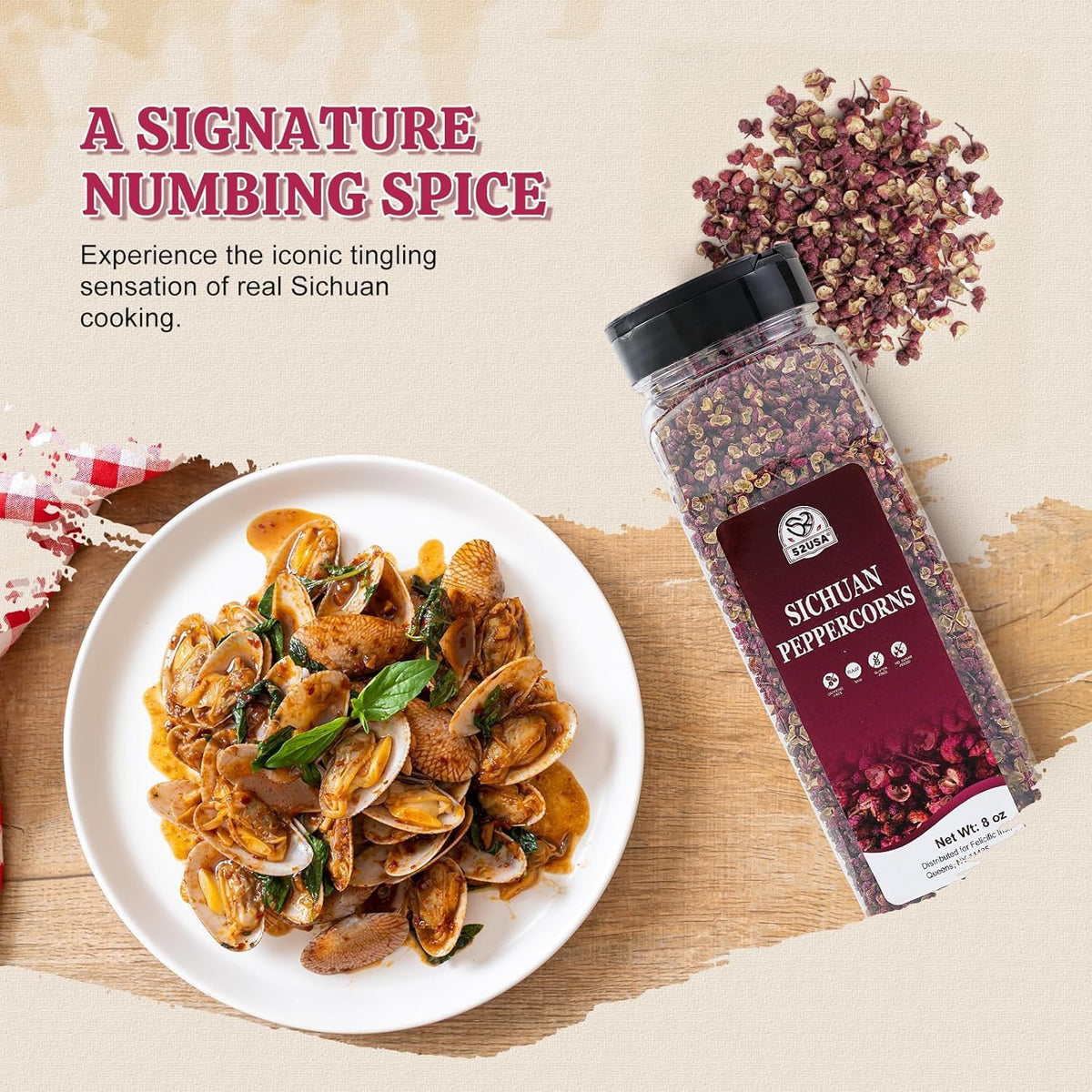 52USA Szechuan Peppercorns, Sichuan Peppercorns 8oz Bottle –Authentic Whole Red Sichuan Pepper, Numbing & Tingle, Less Seeds, Strong Flavor, Essential Spice for Mapo Tofu, Hot Pot, Asian Cuisine